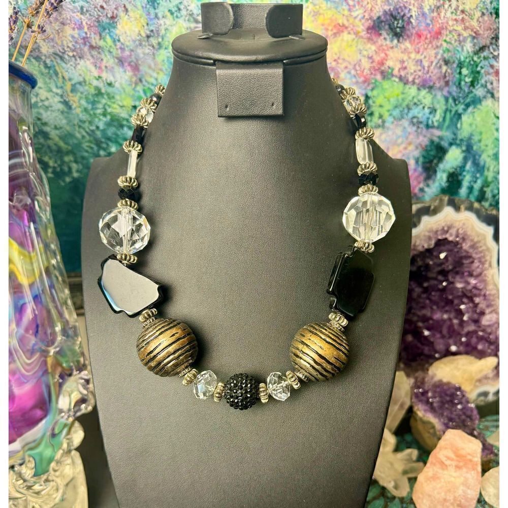 Vintage Metal/Crystal/Stone Beads' Statement Necklace, in Silver, Unmarked